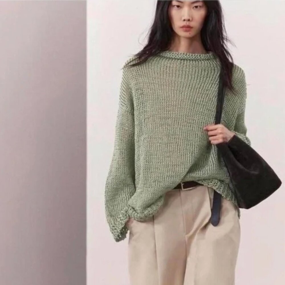NWT Zara Open Knit Sweater L Mint Sage Sheer Drop Shoulder Slouchy Bloggers Fave - Picture 2 of 9
